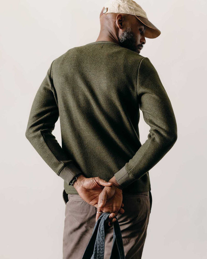 fit model showing off the back of The Evans Crew in Forest Birdseye Wool