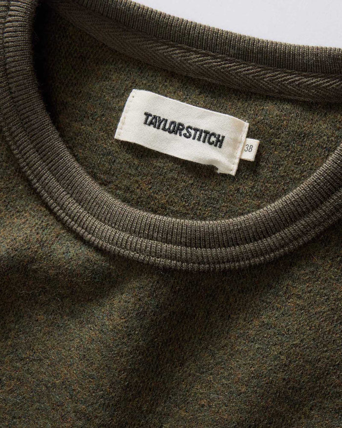material shot of the collar on The Evans Crew in Forest Birdseye Wool