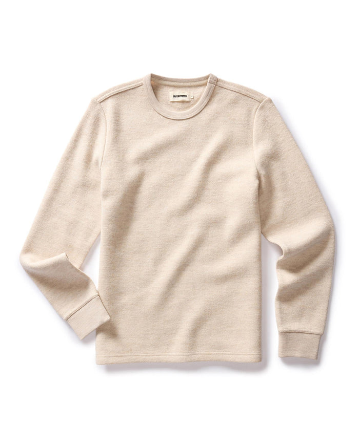 flatlay of The Evans Crew in Oat Birdseye Wool