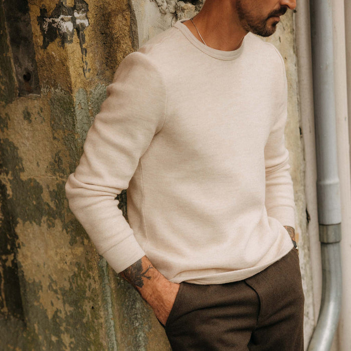 fit model in The Evans Crew in Oat Birdseye Wool