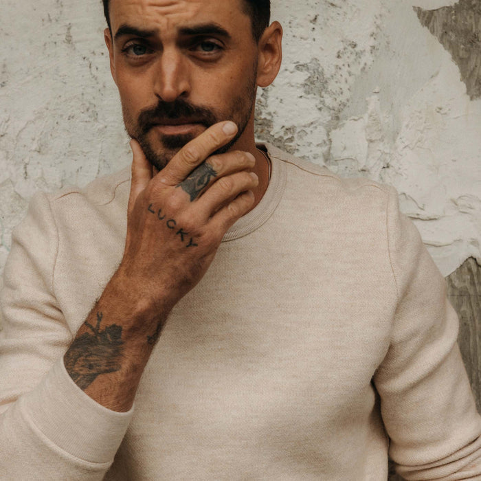 fit model showing the front of the Evans Crew in Oat Birdseye Wool