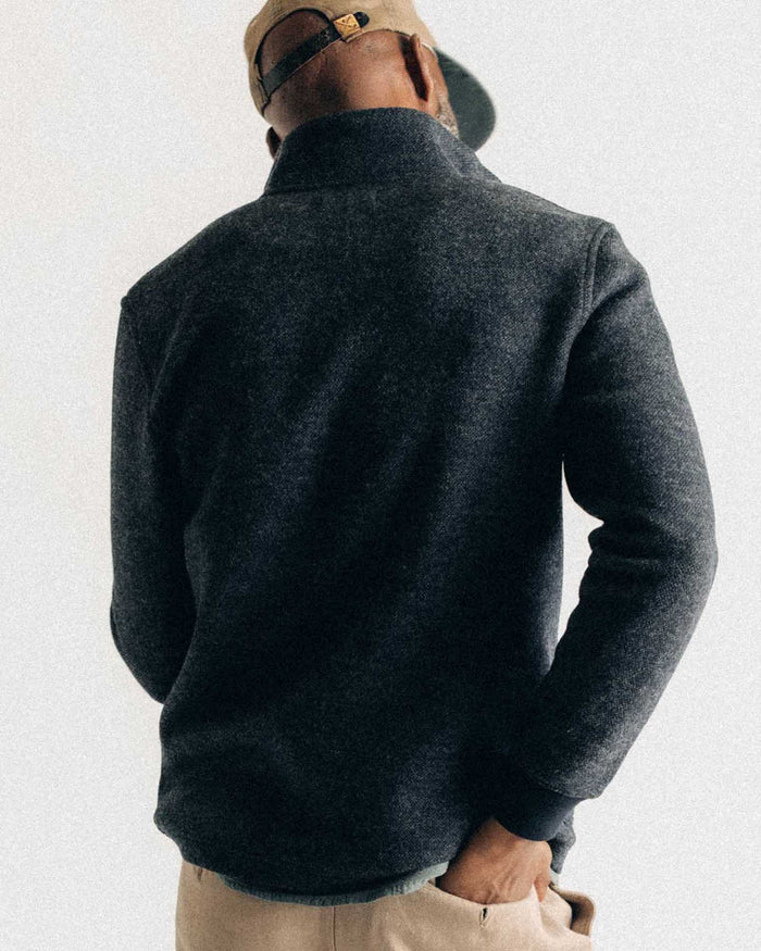 fit model showing off the back of The Evans Jacket in Navy Birdseye Wool
