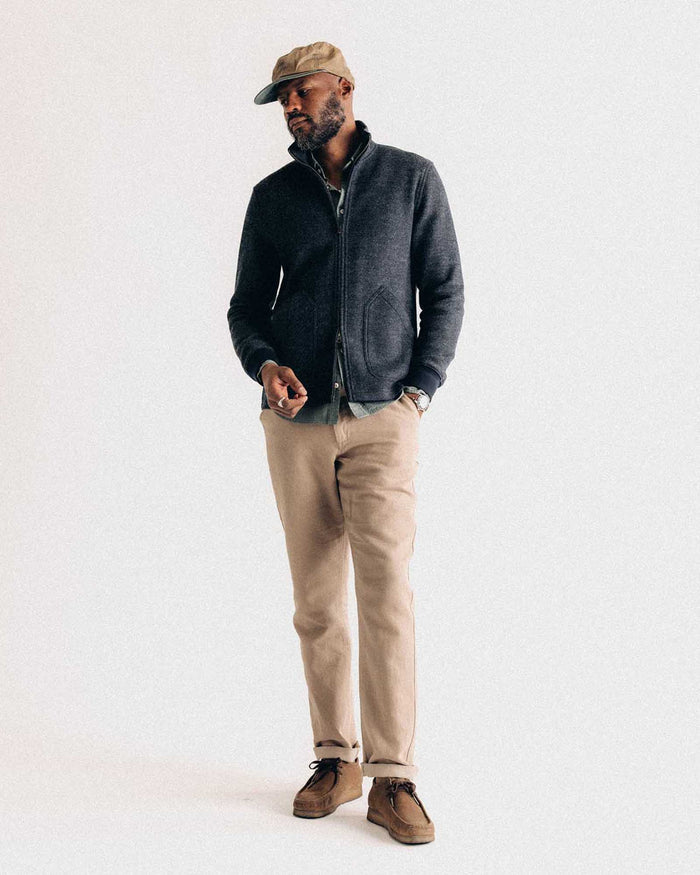 fit model posing in The Evans Jacket in Navy Birdseye Wool