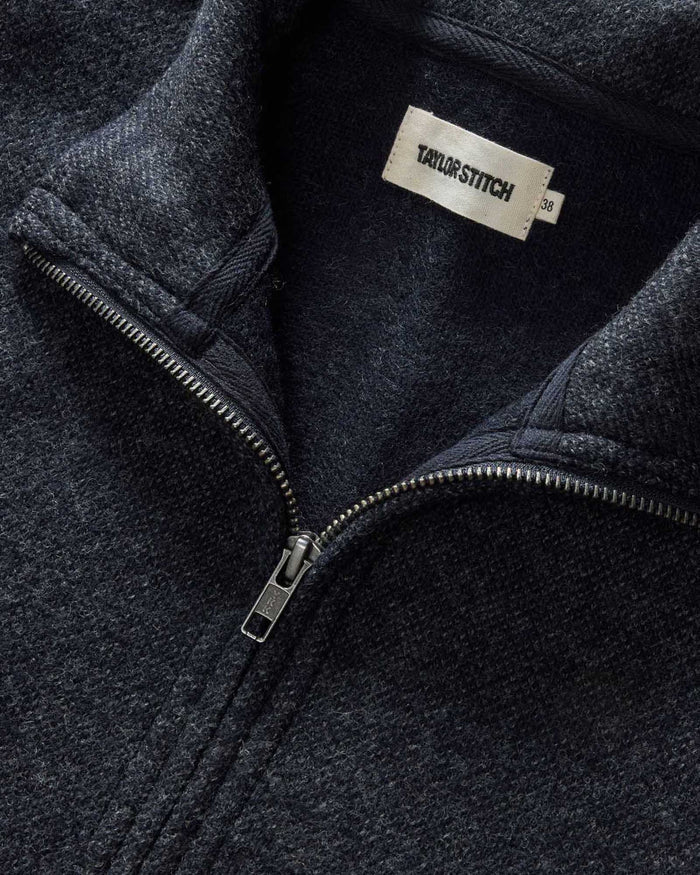 material shot of the collar on The Evans Jacket in Navy Birdseye Wool