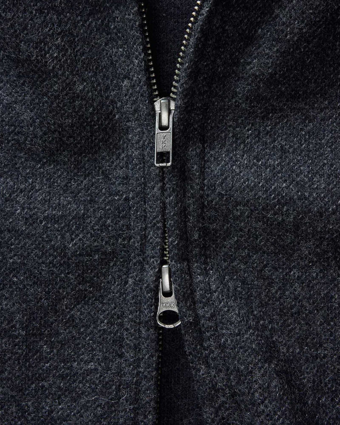 material shot of the zipper on The Evans Jacket in Navy Birdseye Wool
