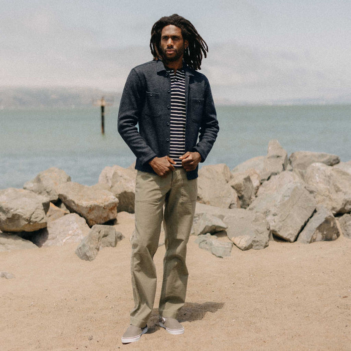 fit model showing off the back of The Evans Overshirt in Navy Birdseye Wool