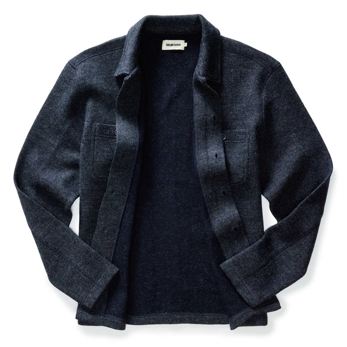 flatlay of The Evans Overshirt in Navy Birdseye Wool open