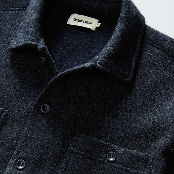 material shot of the collar on The Evans Overshirt in Navy Birdseye Wool