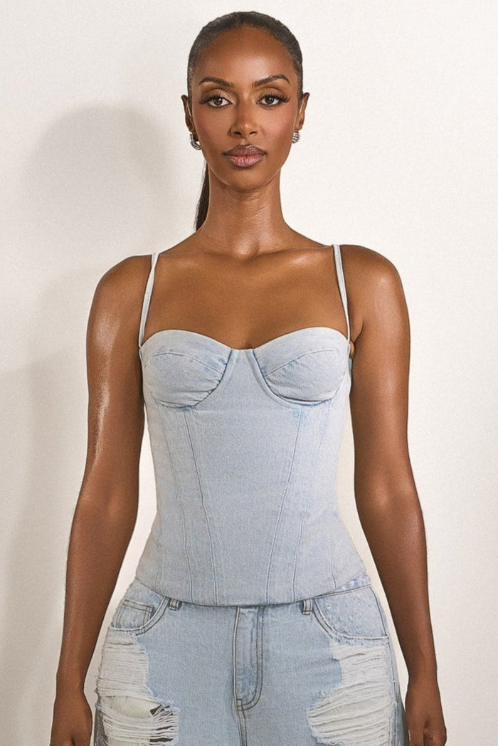The Everly Lace Up Corset Top in Denim