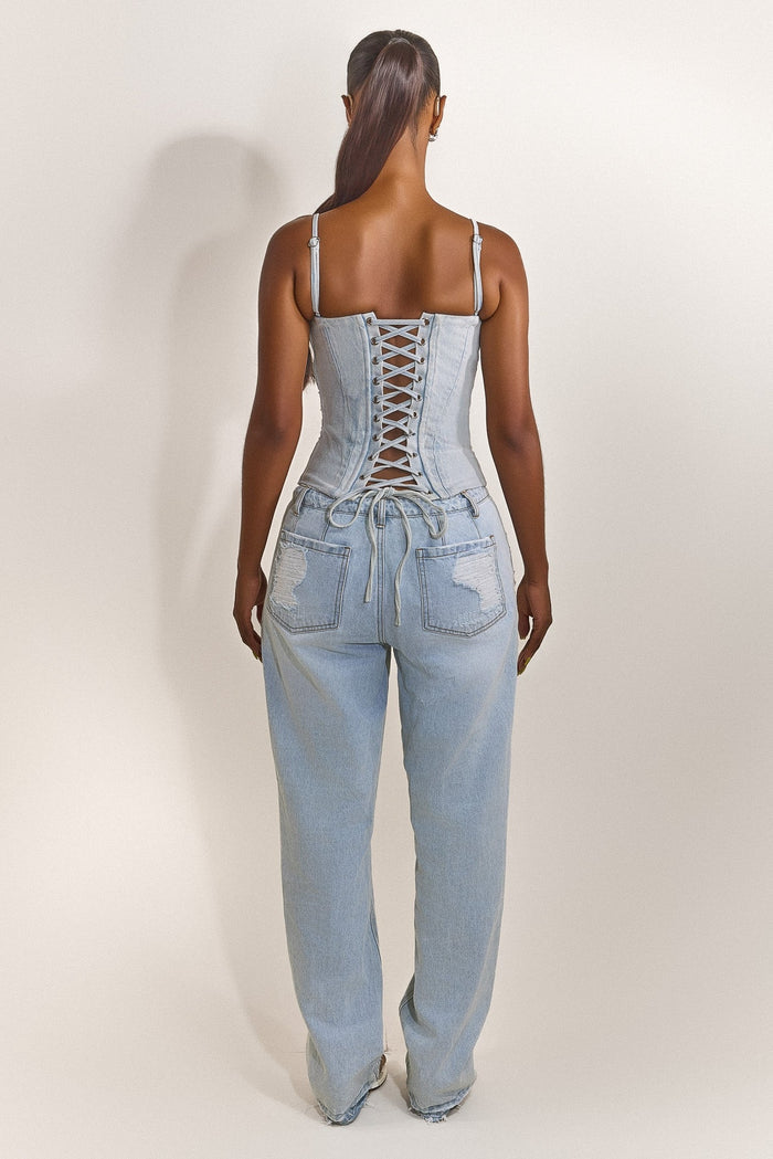 The Everly Lace Up Corset Top in Denim