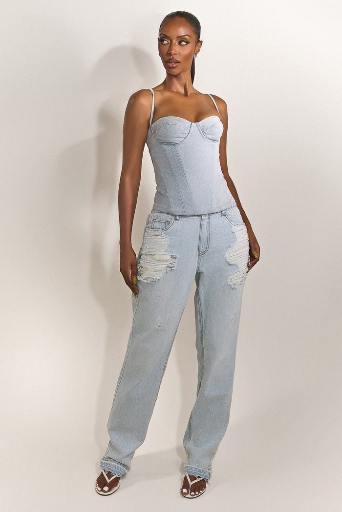 The Everly Lace Up Corset Top in Denim