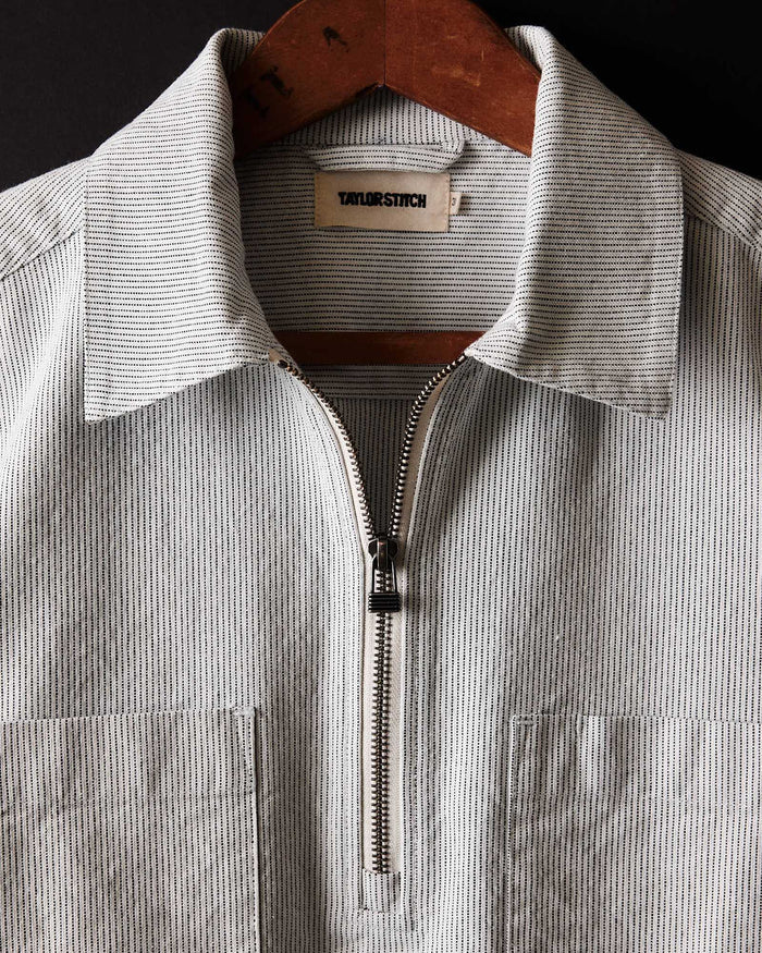 material shot of the collar on The Exhaust Shirt in Natural Stripe