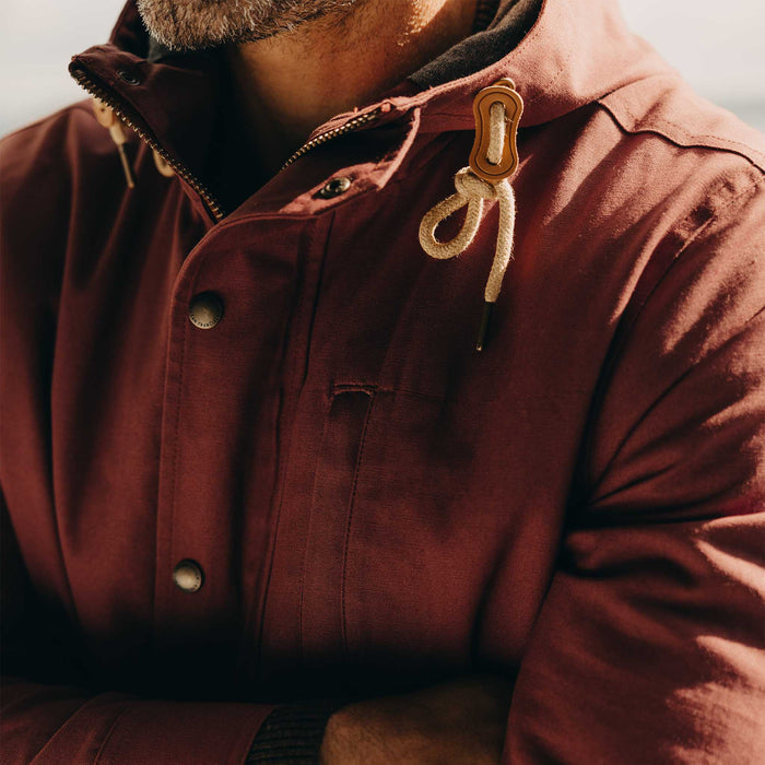 fit model showing off The Explorer Jacket in Red Wine Dry Wax