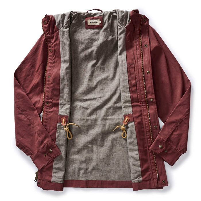 flatlay of The Explorer Jacket in Red Wine Dry Wax open