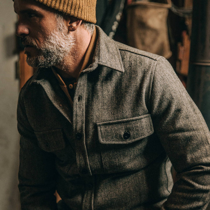 fit model wearingThe Explorer Shirt in Charcoal Herringbone, cropped shot of chest