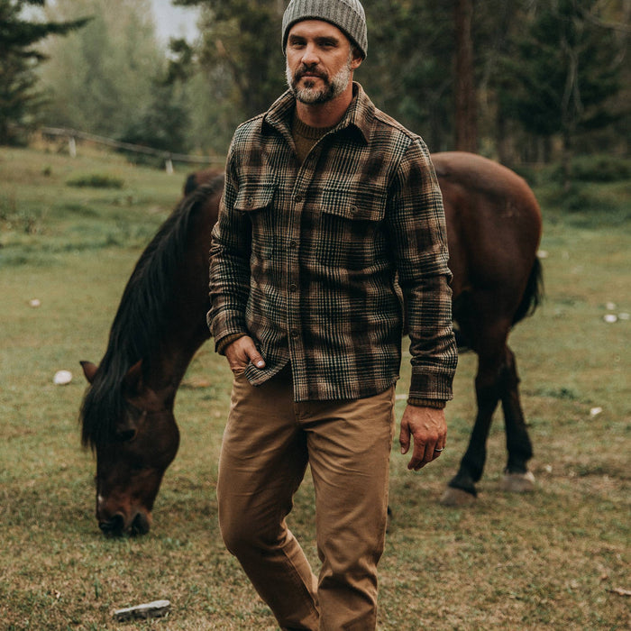 fit model wearing The Explorer Shirt in Tan Plaid, hand in pocket