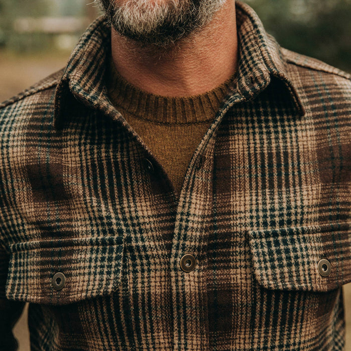 fot model wearing The Explorer Shirt in Tan Plaid, cropped chest