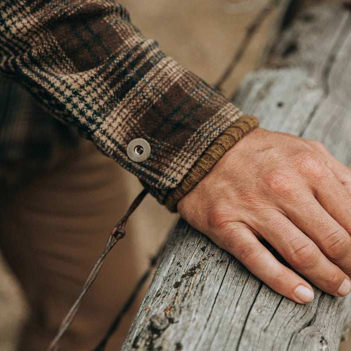 fot model wearing The Explorer Shirt in Tan Plaid, wrist shot