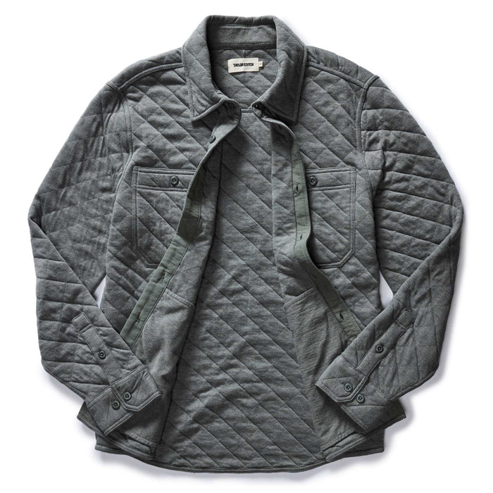 flatlay of The Fall Line Overshirt in Heather Ash Quilted Jersey open