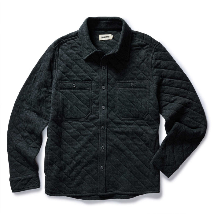 flatlay of The Fall Line Overshirt in Heather Coal Quilted Jersey
