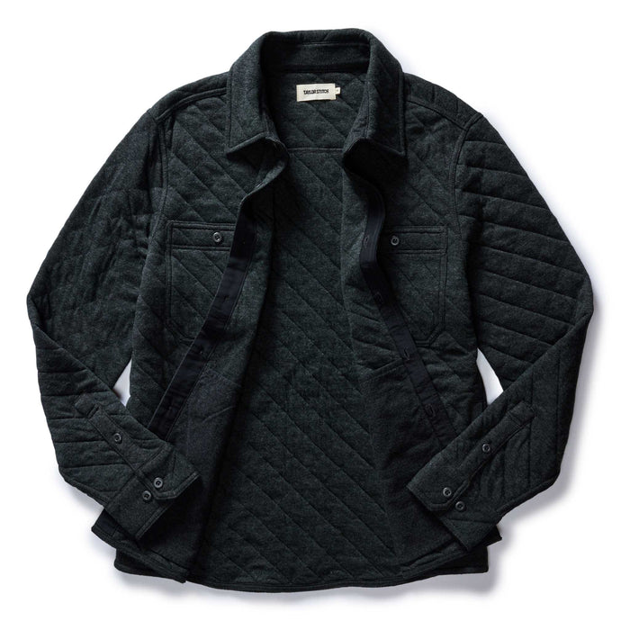 flatlay of The Fall Line Overshirt in Heather Coal Quilted Jersey open