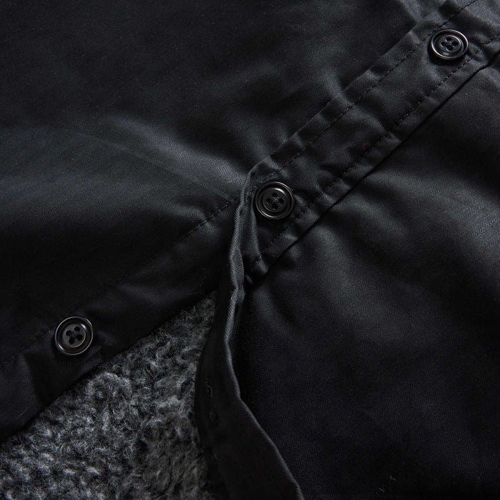 material shot of the buttons on The Fender Jacket in Coal Dry Wax