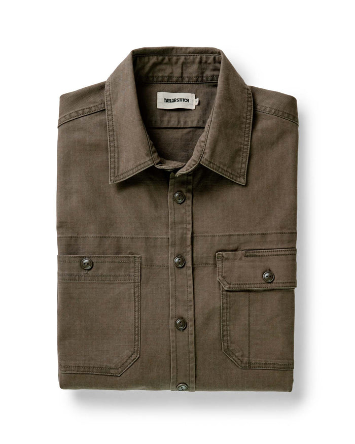 folded flatlay of The Field Overshirt in Mushroom Ripstop