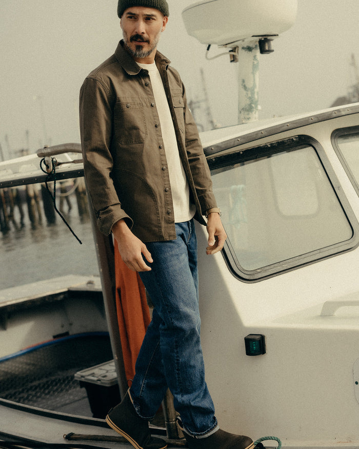 fit model showing off The Field Overshirt in Mushroom Ripstop