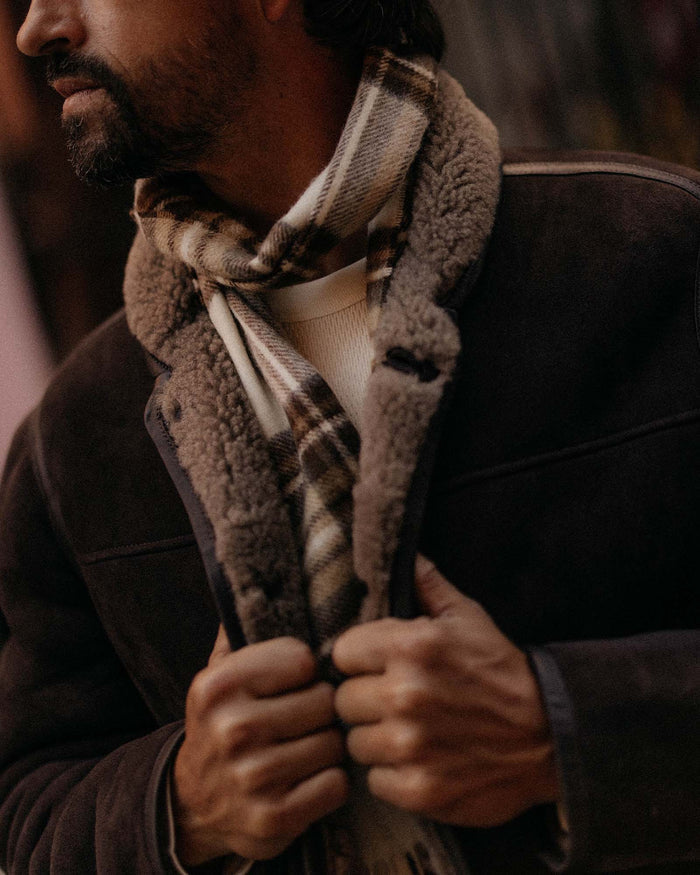 fit model wearing The Fireside Scarf in Butterscotch Plaid