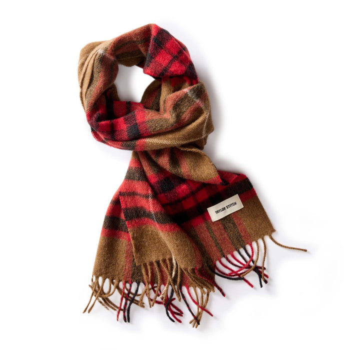 flatlay of The Fireside Scarf in Camel Tartan Merino