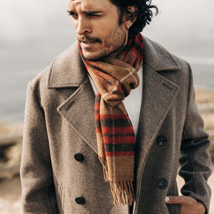fit model in The Fireside Scarf in Camel Tartan Merino