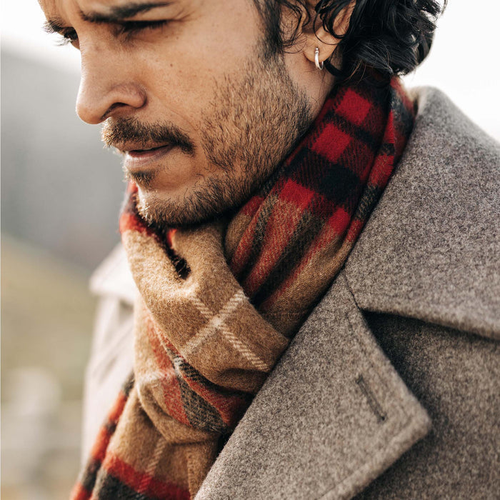 fit model wearing The Fireside Scarf in Camel Tartan Merino