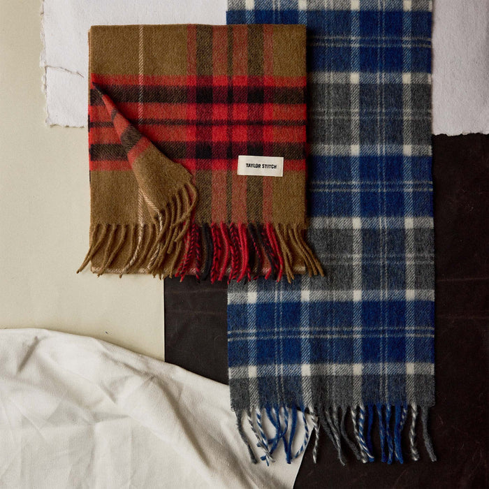 material shot of The Fireside Scarf in Camel Tartan Merino