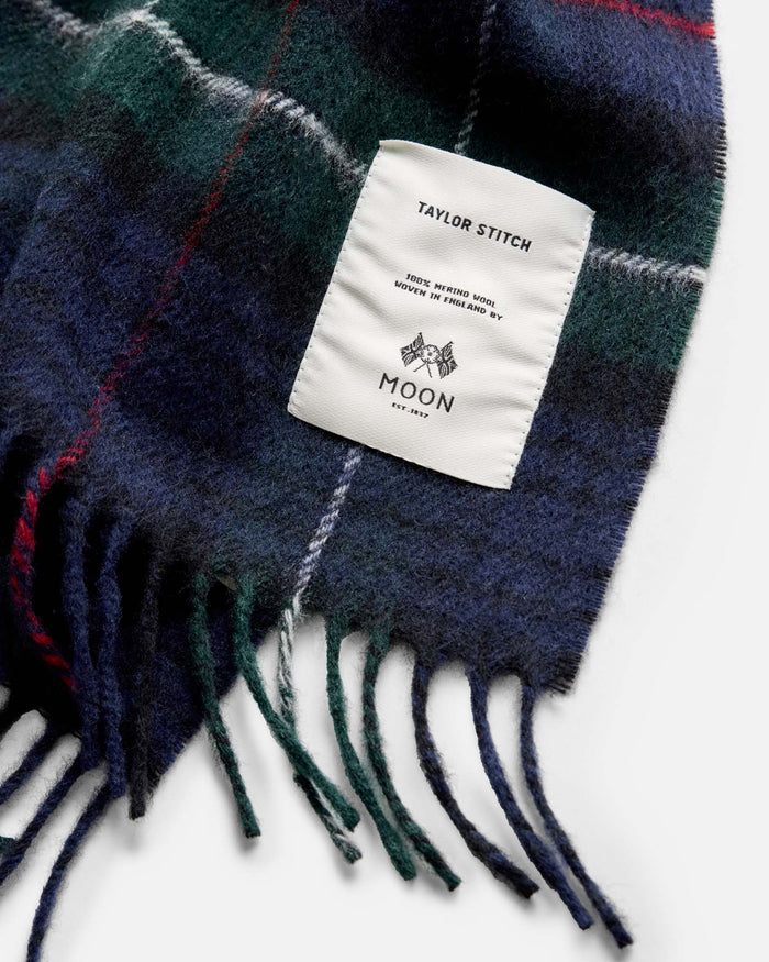 material shot of the label on The Fireside Scarf in Highland Navy Plaid