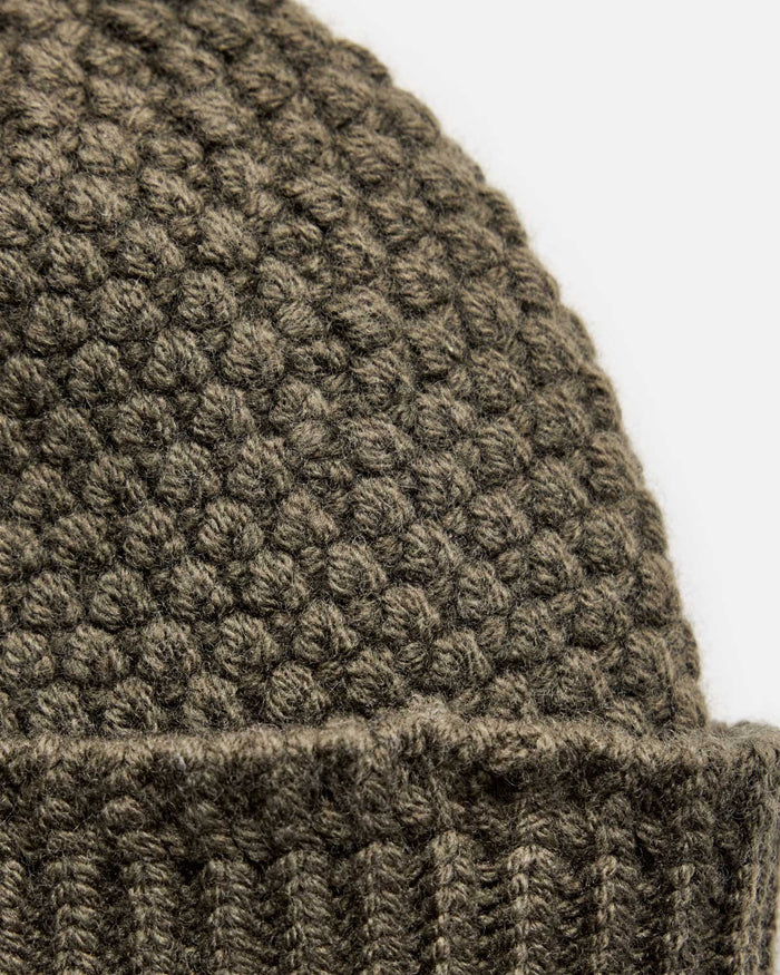 material shot of the cuff on The Fisherman Beanie in Heather Army