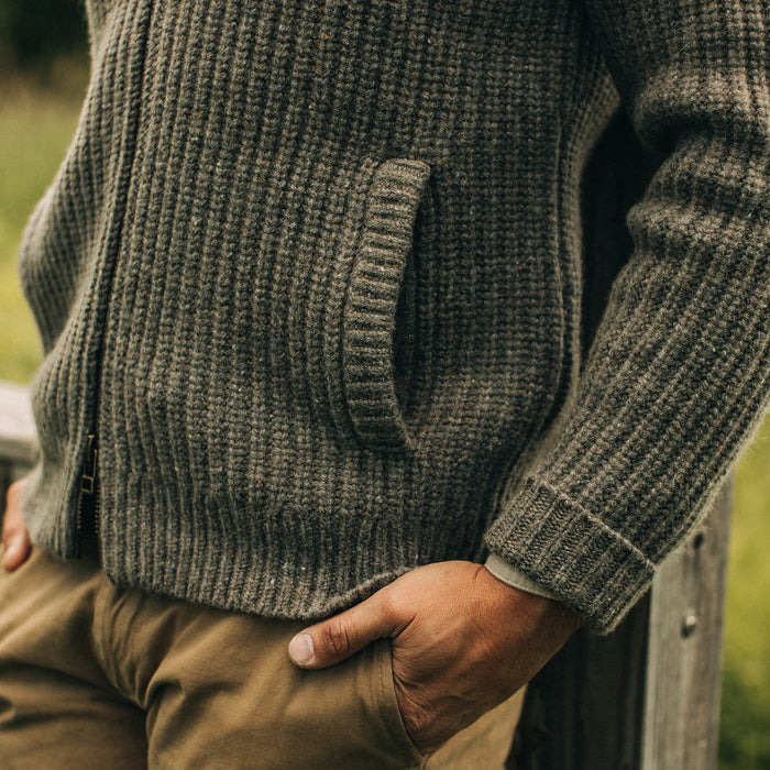 fit model showing pocket detail on The Fisherman Full-Zip in Taupe