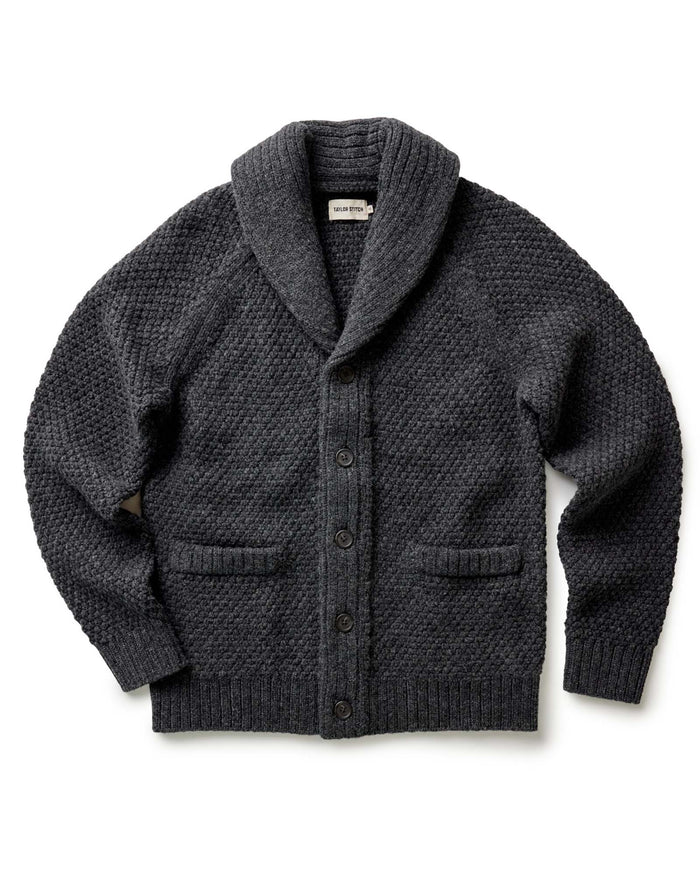 flatlay of The Fisherman Shawl Cardigan in Heather Coal Merino