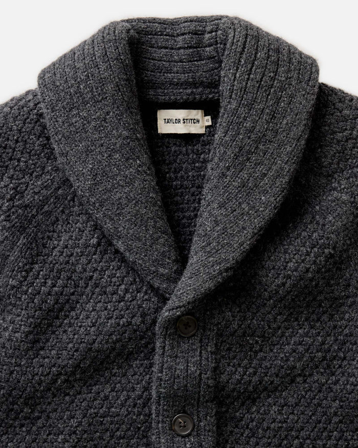 material shot of the collar on The Fisherman Shawl Cardigan in Heather Coal Merino