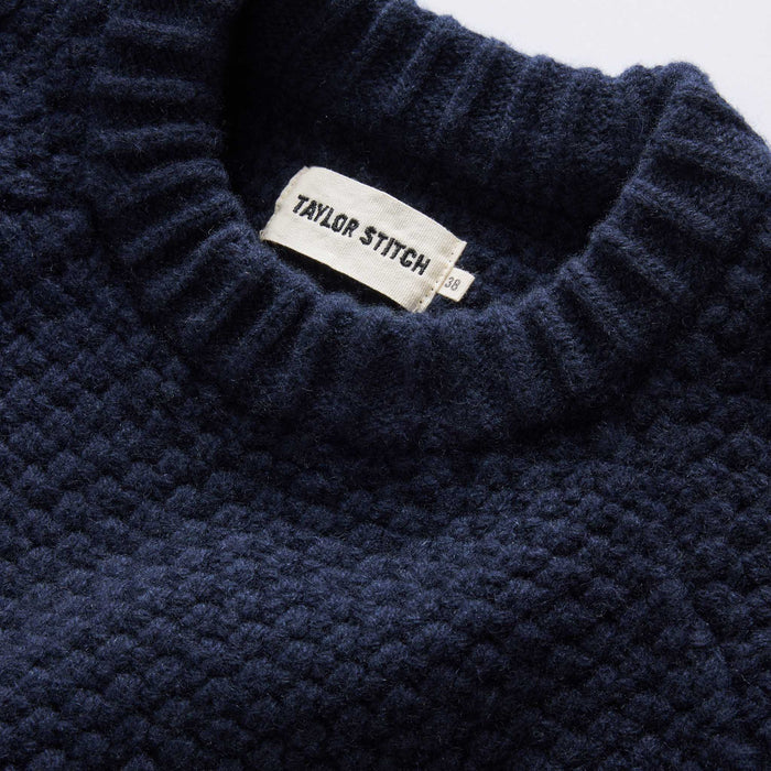 material shot of the collar on The Fisherman Sweater in Dark Navy Merino