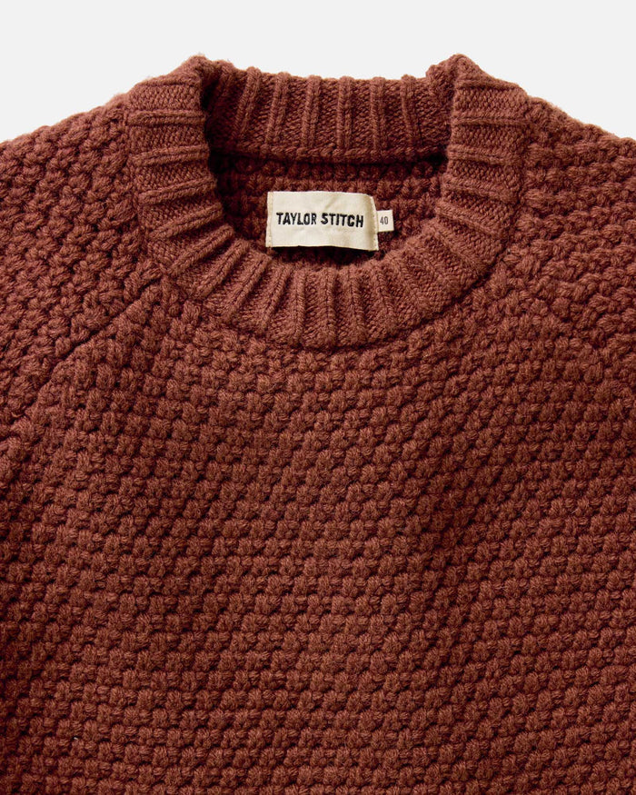 material shot of the collar on The Fisherman Sweater in Heather Brick Merino
