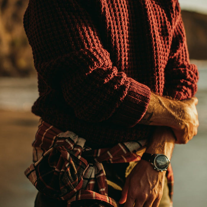 Our fit model wearing The Fisherman Sweater in Maroon Waffle