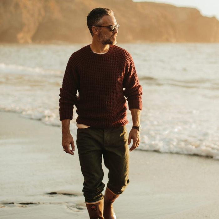 Our fit model wearing The Fisherman Sweater in Maroon Waffle