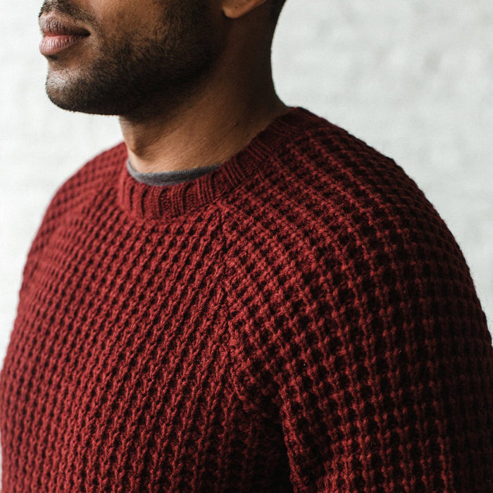 Our fit model wearing The Fisherman Sweater in Maroon Waffle