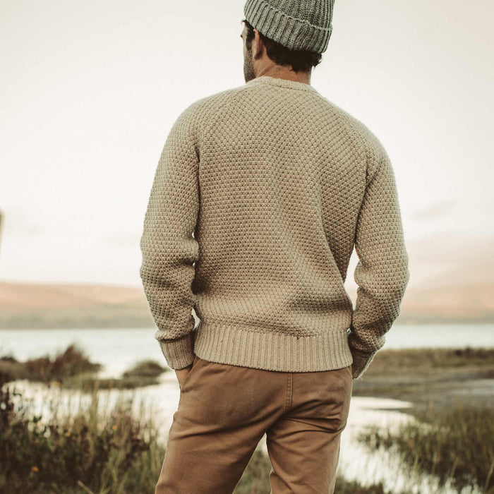 Back shot of out fit model in the Fisherman Sweater