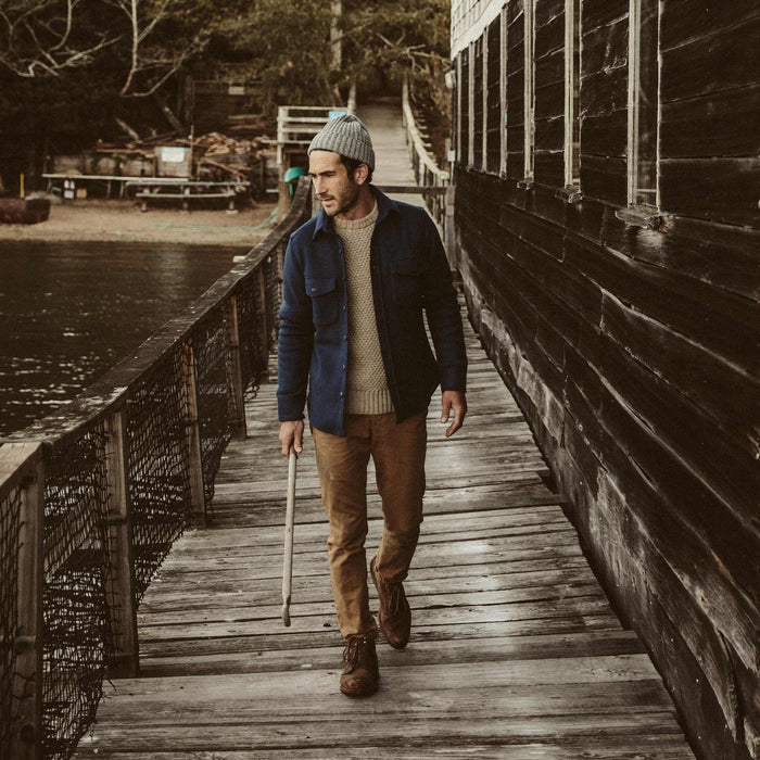 The fit model on the docks in our fisherman sweater