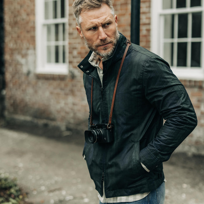 fit model in The Flint Jacket in Blackwatch Dry Wax