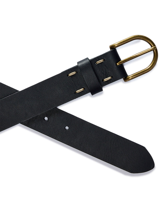 flatlay of the buckle and belt loops on The Foundation Belt in Black
