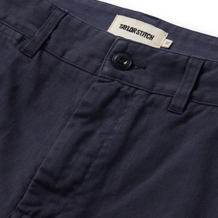 material shot of the button fly on The Foundation Short in Navy Twill