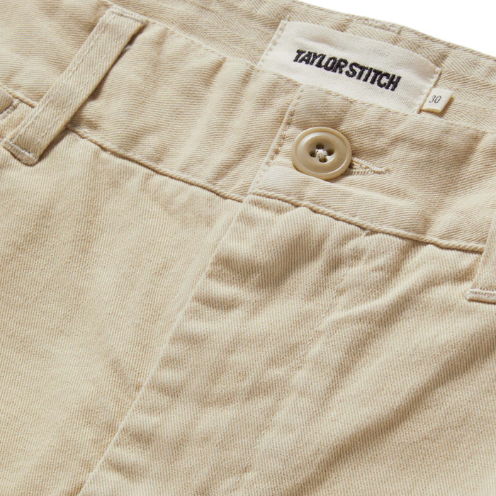 material shot of the button fly on The Foundation Short in Organic Dune