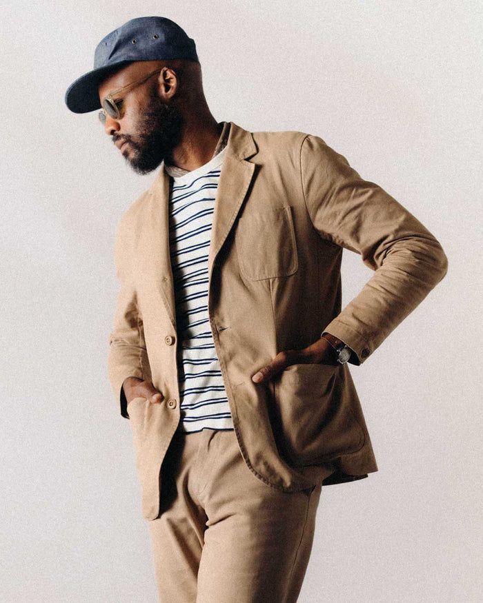fit model showing off The Foundation Sportcoat in Organic Khaki Twill